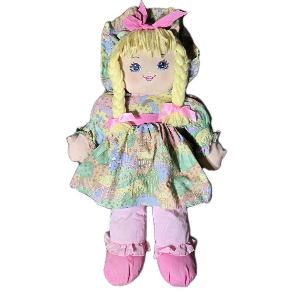 VINTAGE Sweetie Mine Rag Doll Cloth Plush 22" Blonde Pink Bow Cottagecore 1995